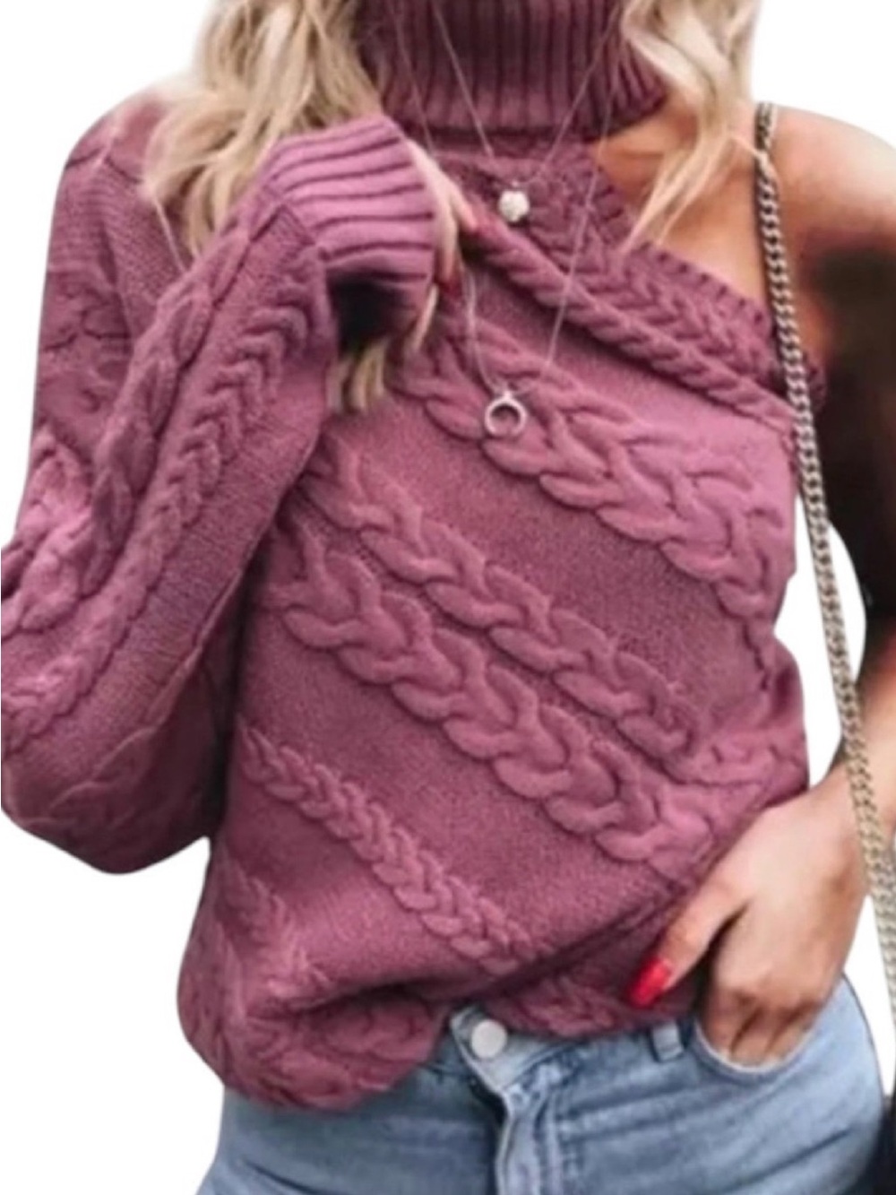 Women's Cable Knit Turtleneck Sweater - Dusty Rose